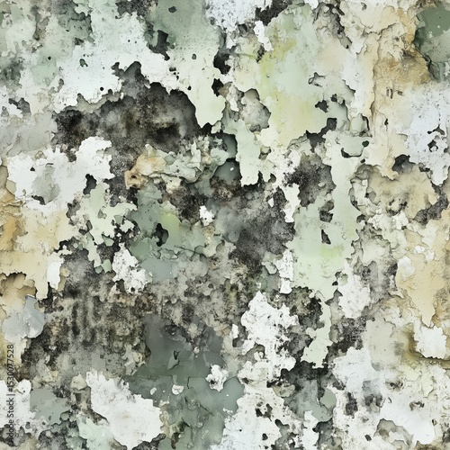 Highly detailed seamless tileable texture of a severely weathered wall with extensive peeling light green, white, and dark paint, displaying heavy grunge.