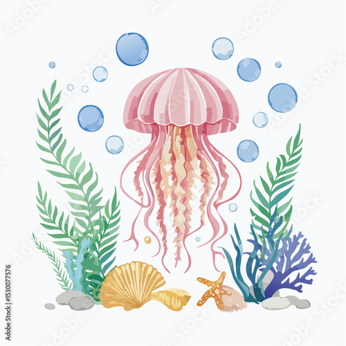 Watercolor illustration of Jellyfish surrounded by corals, seaweed, shells, and bubbles. Drawing of Jelly Fish for childish nursery posters or baby shower invitations.