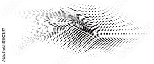 Flowing Wave Dot Halftone Pattern: Curve Gradient Shape on Transparent Background. Suitable for AI, Tech, Network, Digital, Science, and Technology Themes.