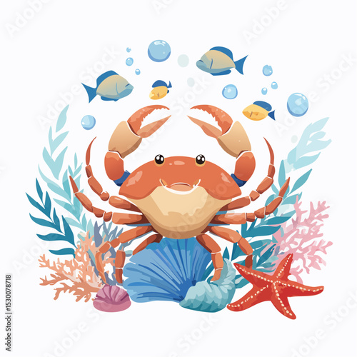 Watercolor composition of a crab surrounded by coral, starfish, bubbles, and underwater elements. Illustration with underwater fish for childish design in nautical style.