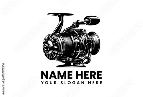 Detailed vector silhouette of a spinning fishing reel in black for logo or branding  