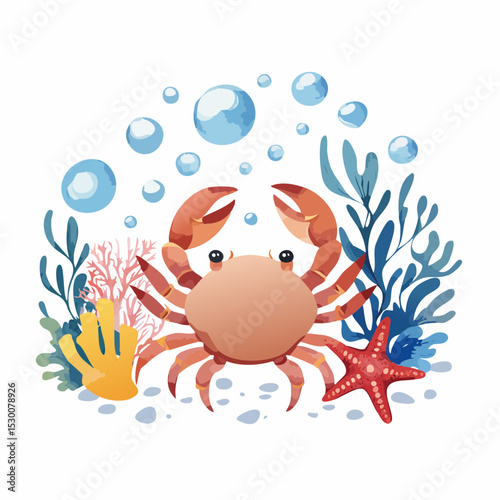 Watercolor composition of a crab surrounded by coral, starfish, bubbles, and underwater elements. Illustration with underwater fish for childish design in nautical style.