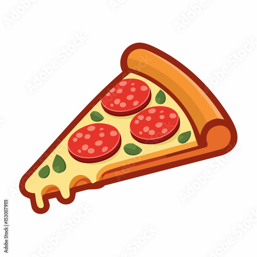 A cartoon illustration of a delicious pepperoni pizza slice with melted cheese.