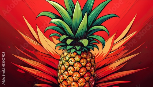 vibrant pineapple red background green accents pop art style artwork object