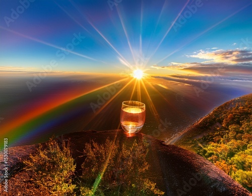 warm sunlight glow in glass vibrant rainbow sky top down flat lay