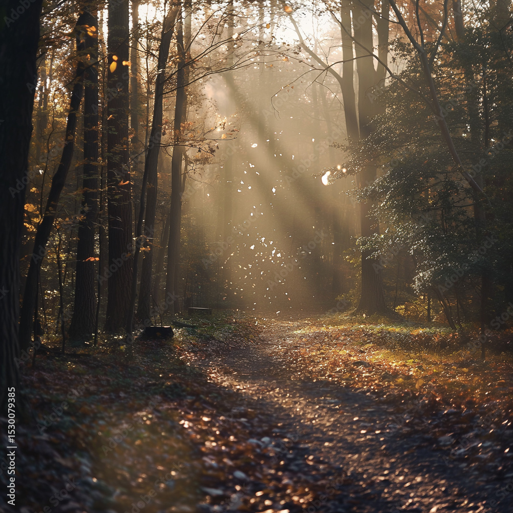 Fototapeta premium Enchanted Forest Path: Sunbeams dance through the trees of a serene forest, illuminating a tranquil pathway scattered with fallen leaves, evoking a sense of peace and wonder.