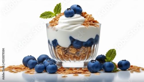 a refreshing yogurt parfait resembling an ice cream sundae isolated on white granola blueberry