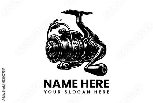 Detailed vector silhouette of a spinning fishing reel in black for logo or branding  