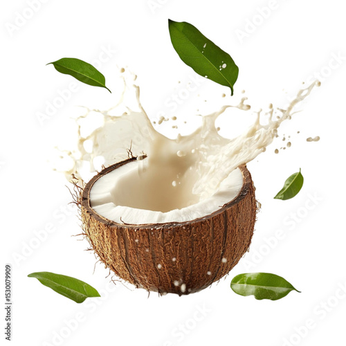Coconut milk splashing from a fresh coconut surrounded by tropical leaves vibrant background