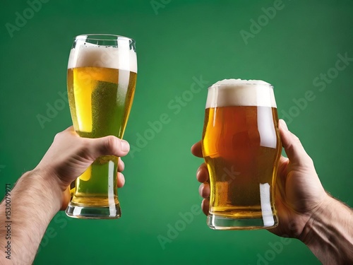 Two hands toasting with light and dark beer glasses against a vibrant green background, symbolizing celebration and variety.