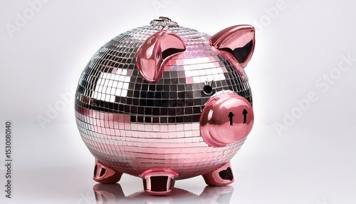 the concept of financial savings is represented by a reflective pink piggy bank that resembles a disco ball placed on a white background