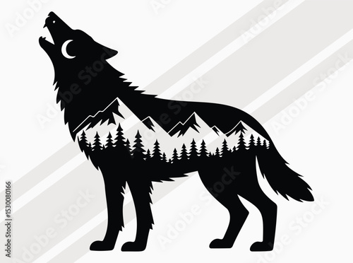 Howling Wolf Silhouette with Moonlit Forest and Mountain Night Scene for Wildlife and Nature Themes