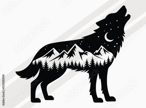 Howling Wolf Silhouette with Moonlit Forest and Mountain Night Scene for Wildlife and Nature Themes