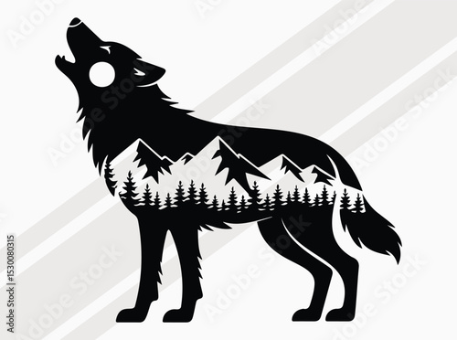 Howling Wolf Silhouette with Moonlit Forest and Mountain Night Scene for Wildlife and Nature Themes