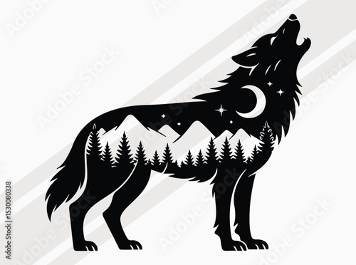 Howling Wolf Silhouette with Moonlit Forest and Mountain Night Scene for Wildlife and Nature Themes