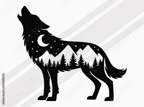 Howling Wolf Silhouette with Moonlit Forest and Mountain Night Scene for Wildlife and Nature Themes