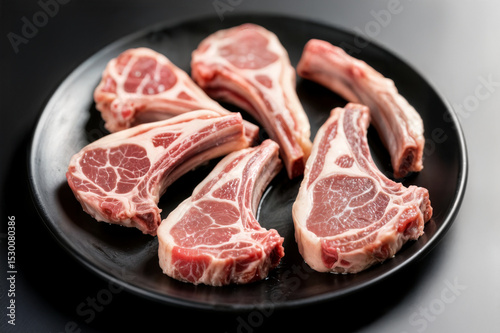 présentation culinaire saisissante de côtelettes d'agneau crues disposées sur une assiette en céramique noire concept présentation culinaire saisissante de côtelettes d'agneau crues disposées