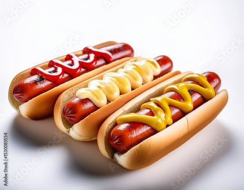 hot dogs with mustard and ketchup on a white background
