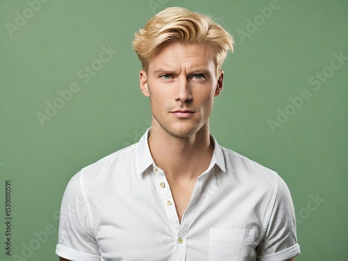 Confident young man with blonde hair wearing a white shirt, standing against a green background and looking straight at the camera with a serious expression.