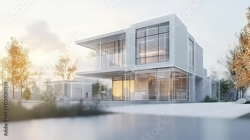 Modern Architectural Design: Luxurious Home with Wireframe Overlay