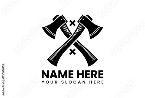 Bold black silhouette vector logo of two crossed axes, symbolizing strength, wilderness, and traditional craftsmanship. Outdoor and labor concept