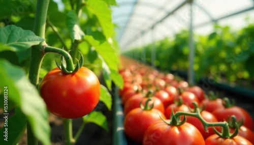Vibrant red tomatoes ready for picking in greenhouse , garden, colorful, vibrant
