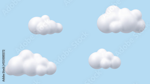 Set of four white volumetric 3d rendered clouds on a light blue background. Cartoon fluffy cloud design for cute digital art. Vector graphics. 