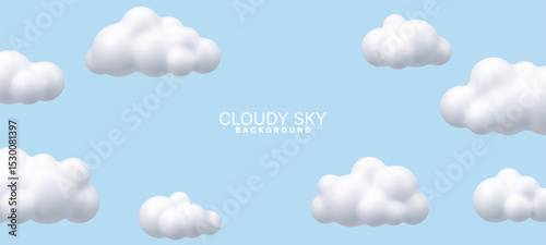Cartoon fluffy white clouds illustration on a light blue background. Minimalist sky with comic-style puffy 3d render cloud for ui. Vector graphics. 