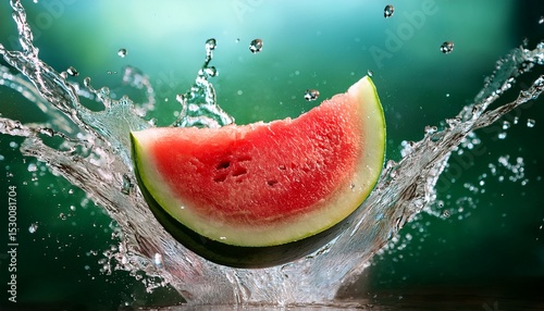 fresh watermelon slice splashing in water vibrant red flesh green rind refreshing summer fruit juicy texture nature background healthy snack hydration summer vibes delicious treat