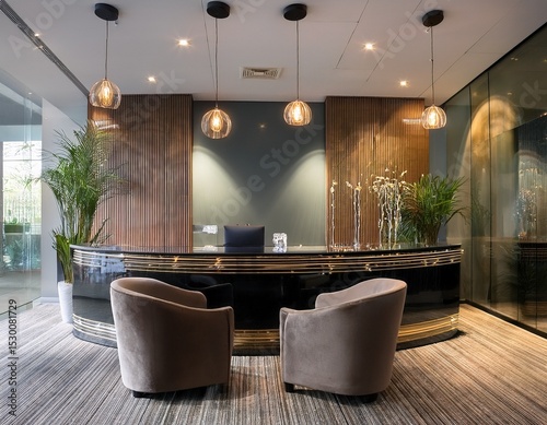 elegant reception lounge with a glass topped reception desk velvet chairs and modern sconces task lighting highlights the desk while ambient lighting creates