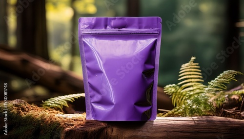 mockup purple food standing pouch standing on a piece of wood in the forest ai generated images