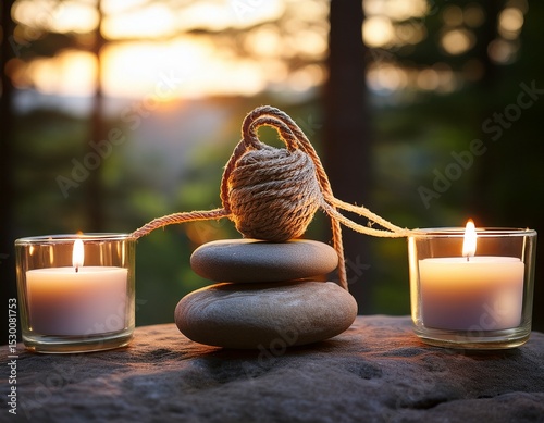peaceful meditation stone adorned with rope and candles in nature