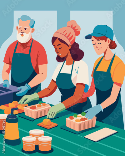 A group of volunteers making sandwiches to be distributed at the local food banks weekly meal program.. Vector illustration