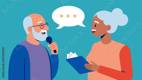 An elderly individual working with a speech the to regain their ability to communicate after suffering a stroke. The the uses techniques such as singing and tongue exercises to. Vector illustration