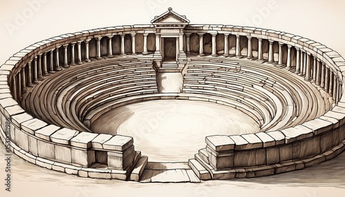 hand drawn illustration of ancient stone seating structures in a circular layout