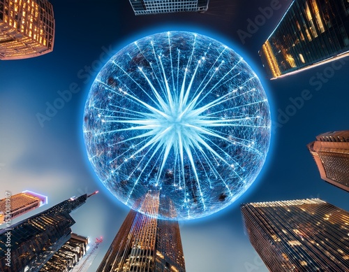 spiky ball buildings light sphere expanding with energy in city at night possibly for visual effect