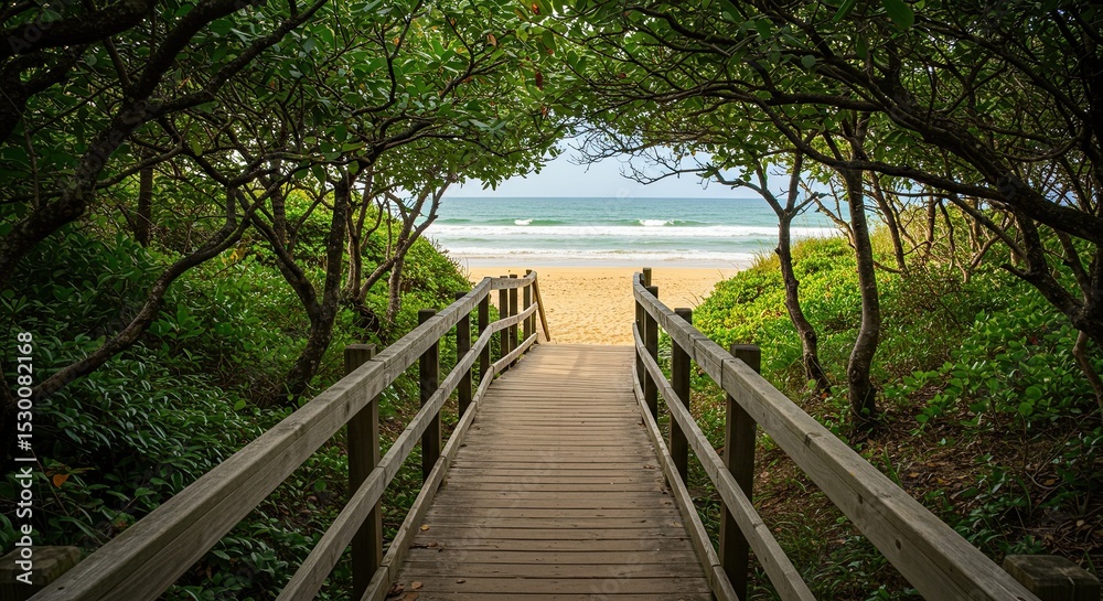 Wooden boardwalk leading to a sandy beach under the canopy of green trees Wooden boardwalk leading to a sandy beach under the canopy of green trees