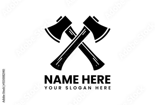 Bold black silhouette vector logo of two crossed axes, symbolizing strength, wilderness, and traditional craftsmanship. Outdoor and labor concept