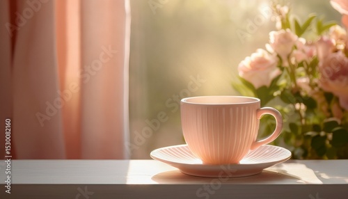 warm sunlight glow on coffee mug pastel feminine stock photo