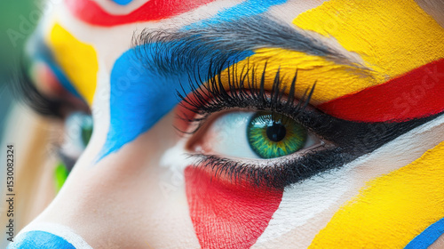 Extreme closeup of a woman with colorful face paint. in yellows, reds, and blues. Green eyes.