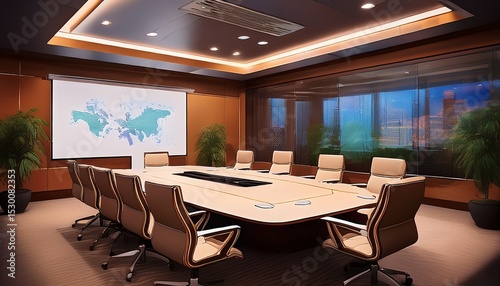 ai assisted boardroom with interactive projectors smart whiteboards and ergonomic conference seating the room is designed for high level meetings