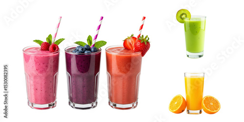 Set of five colorful healthy drinks: strawberry, blueberry, raspberry, and kiwi smoothies with orange juice.