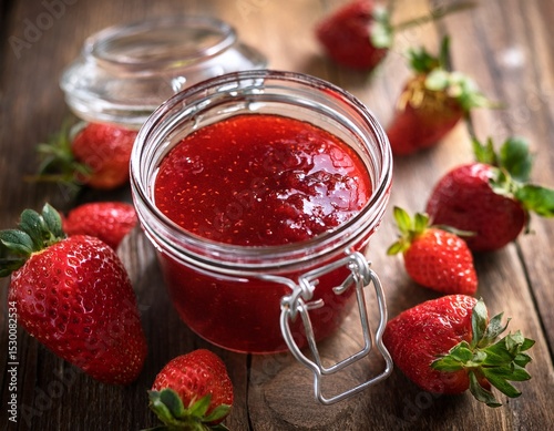 fresh strawberry jam in jar surrounded by ripe strawberries on rustic wooden table evoking sense of homemade goodness and natural sweetness