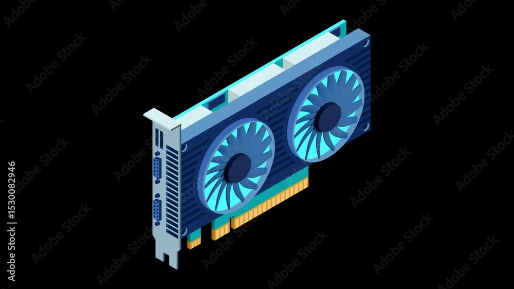 3d isometric video graphic card animation. Isometric of device graphic card. Personal computer hardware component. Transparent background with alpha channel
