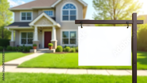 Blank sign in front of a modern house with green grass on a sunny day ideal for real estate ads