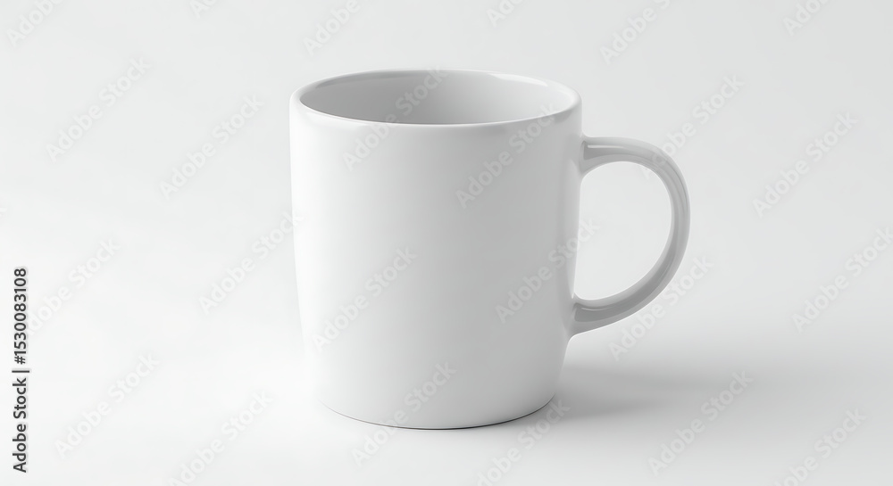 Fototapeta premium A classic blank white ceramic coffee mug with a handle, isolated on a clean white background. Perfect for mockups, branding, and hot beverages. 