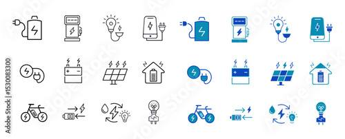 Charging solid and line icons set. Charge, battery, energy, electricity, charger, recharge, electric car and charging station symbols. Editable Vector illustration