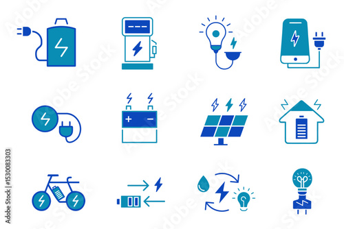 Charging solid icons set. Charge, battery, energy, electricity, charger, recharge, electric car and charging station symbols. Editable Vector illustration
