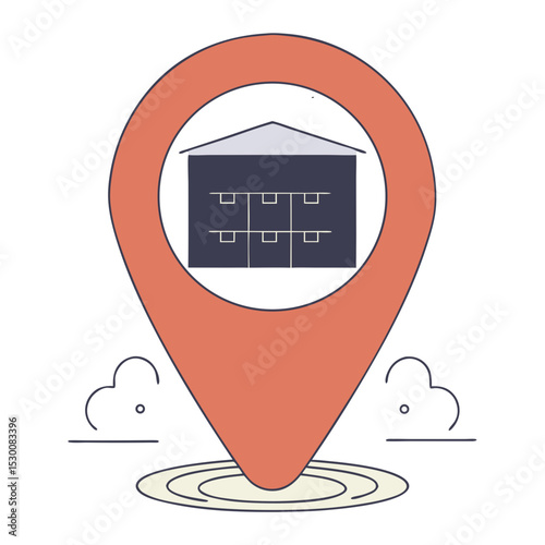 Warehouse location pin icon representing fulfillment centers in flat design