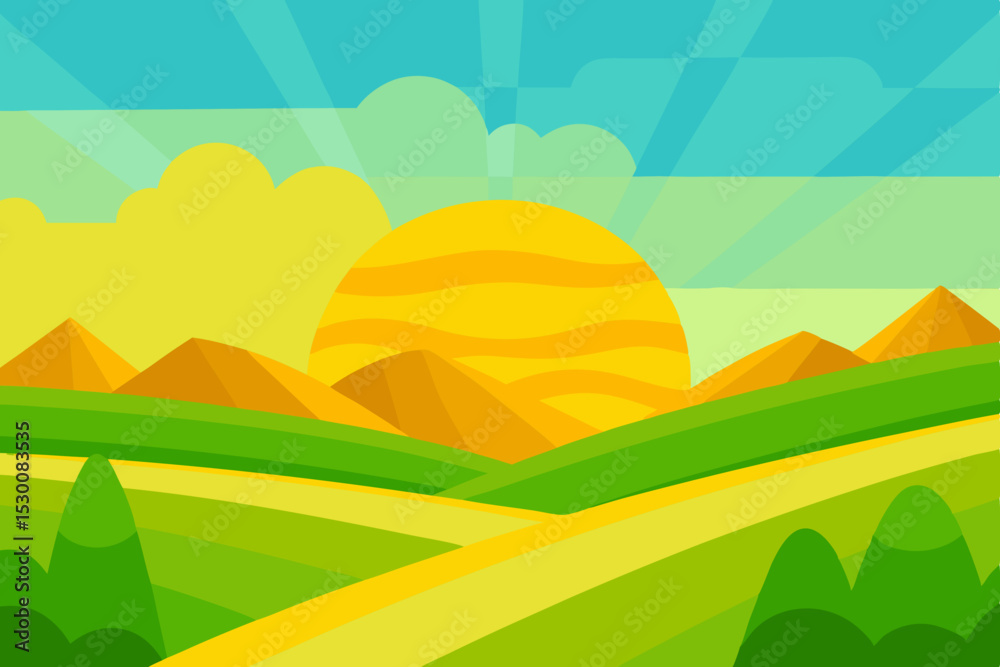 Fototapeta premium Serene Village Animation Video Background with Green Fields Vector